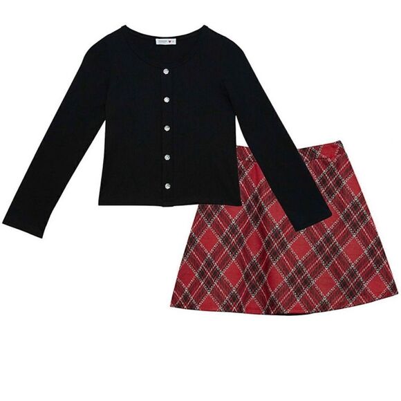 Knit Works Button Girl’s LARGE Top and Plaid Scooter Skirt Set - Picture 10 of 13